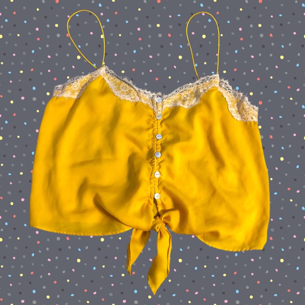 UO yellow button up tank w/ lace trim